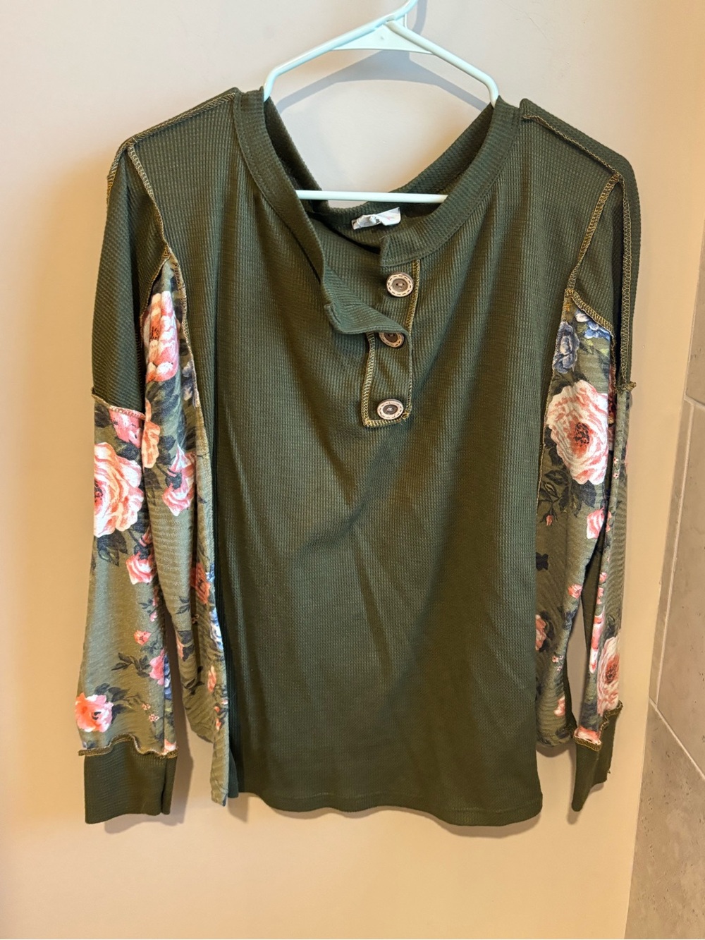 BiBi Olive Green Henley with Pink Floral Sleeves